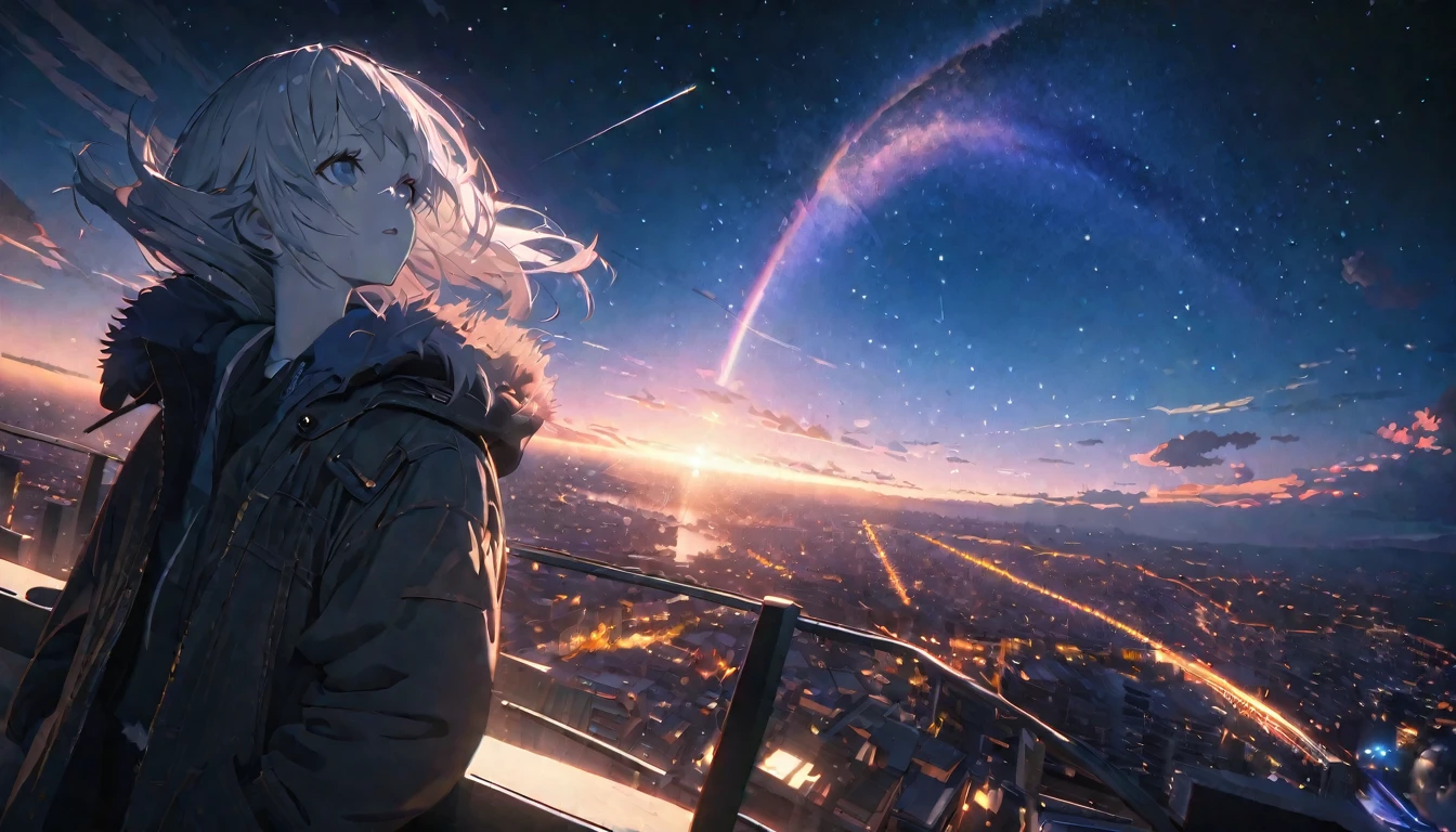 Angelic, detailed woman, Starry Sky, shooting star , horizon, In the sky, city , Lens flare, colorful,coat, Put your hands in your pockets,(student, 18-year-old, JK, Her short silver hair sways, Pale skin,) Looking up at the sky, Beautiful sky, The scenery is beautiful., 広いLooking up at the sky, Colorful summer flowers are blooming everywhere., I see the wind blowing and shining, In the skyは正午の月と正午の星がある,From below, break ,quality(8k,非常に精細なCGユニットのwallpaper, masterpiece,High resolution,top-quality,top-quality real texture skin,Surreal,Increase the resolution,RAW Photos,最高quality,Very detailed,wallpaper,Cinema Lighting,Ray Tracing,Golden Ratio),Have a long-term perspective