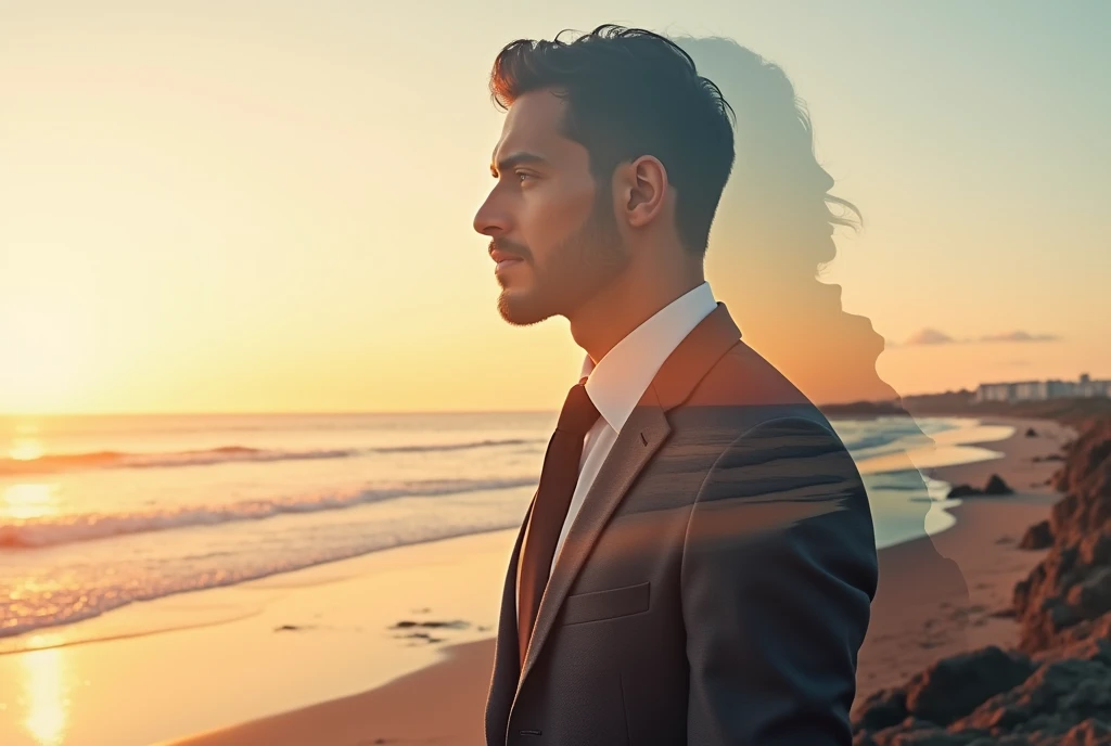 high qualiy, 8k Ultra HD, A beautiful double exposure combining a goddess silhouette with a sunset coastline, the coast at sunset should serve as a backdrop, with its details incorporated, man in suit with handsome detailed face, background of an office