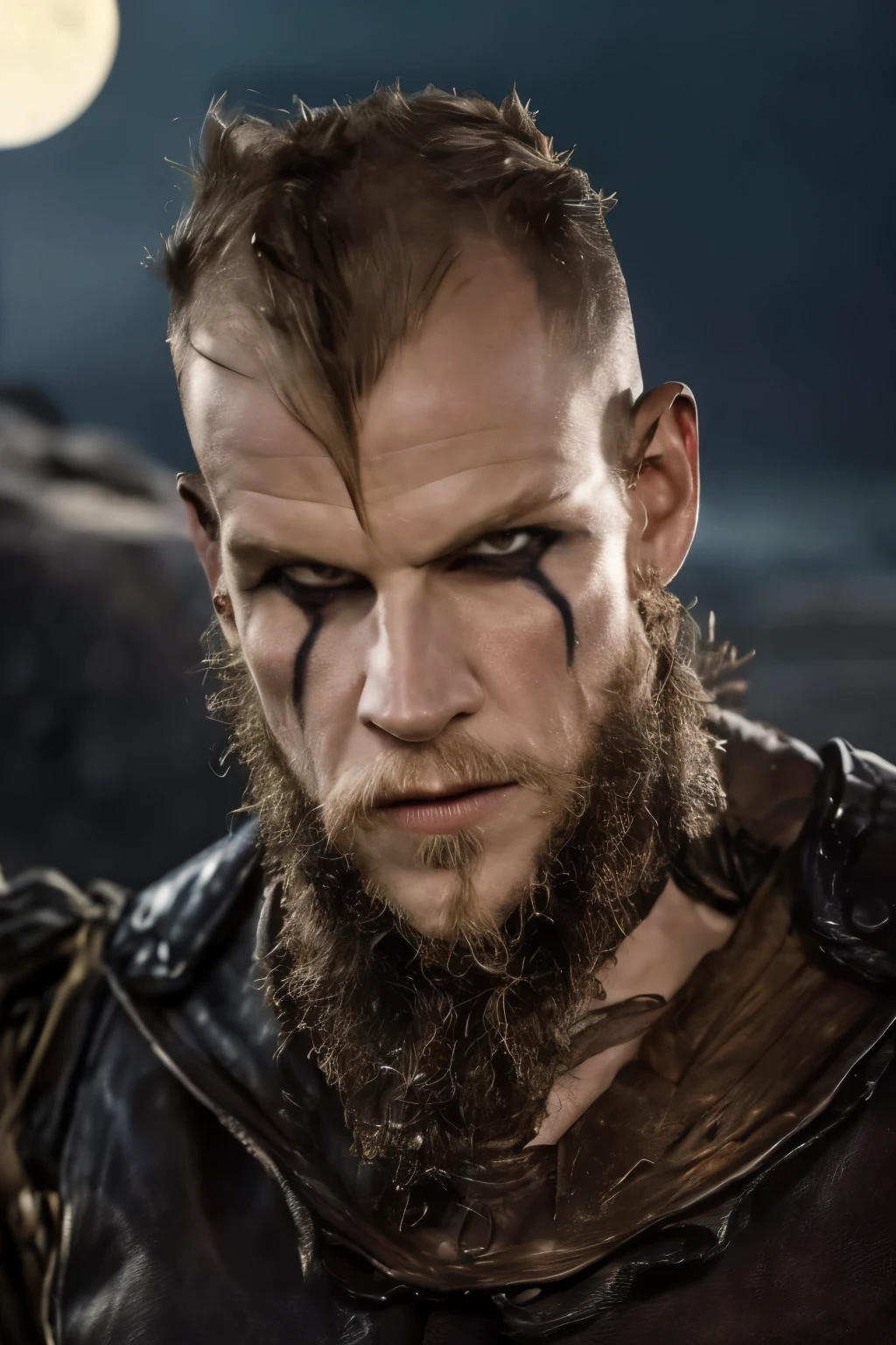 Hyper-realistic:1.4,  cinematic artwork portrait of Floki from the Vikings series, detailed face:1.4, captured in a dynamic pose with the sensation of movement, as if he's emerging from shadows in a dense, misty forest. His intense gaze and intricate facial tattoos are emphasized, reflecting his eccentric and mystical nature. The scene is bathed in a cold, harsh light that contrasts with the dark, ominous surroundings, capturing the grim atmosphere of the Viking era. The image should convey a sense of depth, with a strong focus on three-dimensionality, highlighting Floki's enigmatic and chaotic personality, set against the backdrop of the Norse world. (((Cinematic Full moon background))).