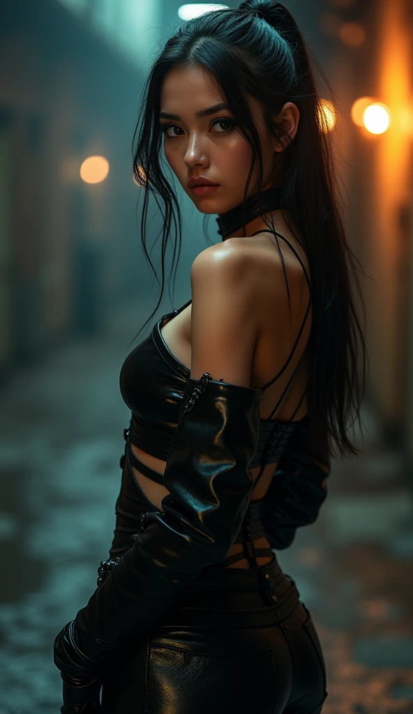 beautiful girl in leather shorts, tattoos, sexy outfit, standing half-turned, detailed face, beautiful eyes, long eyelashes, high-quality, 8k, hyperrealistic, photorealistic, detailed skin texture, intricate details, glossy leather, dramatic lighting, cinematic composition, moody color palette, dramatic shadows, volumetric lighting