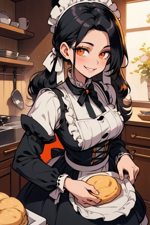 Perfect face Perfect hands. A black haired woman with orange eyes in a ta maid uniform is baking scones in a fancy kitchen with a big smile