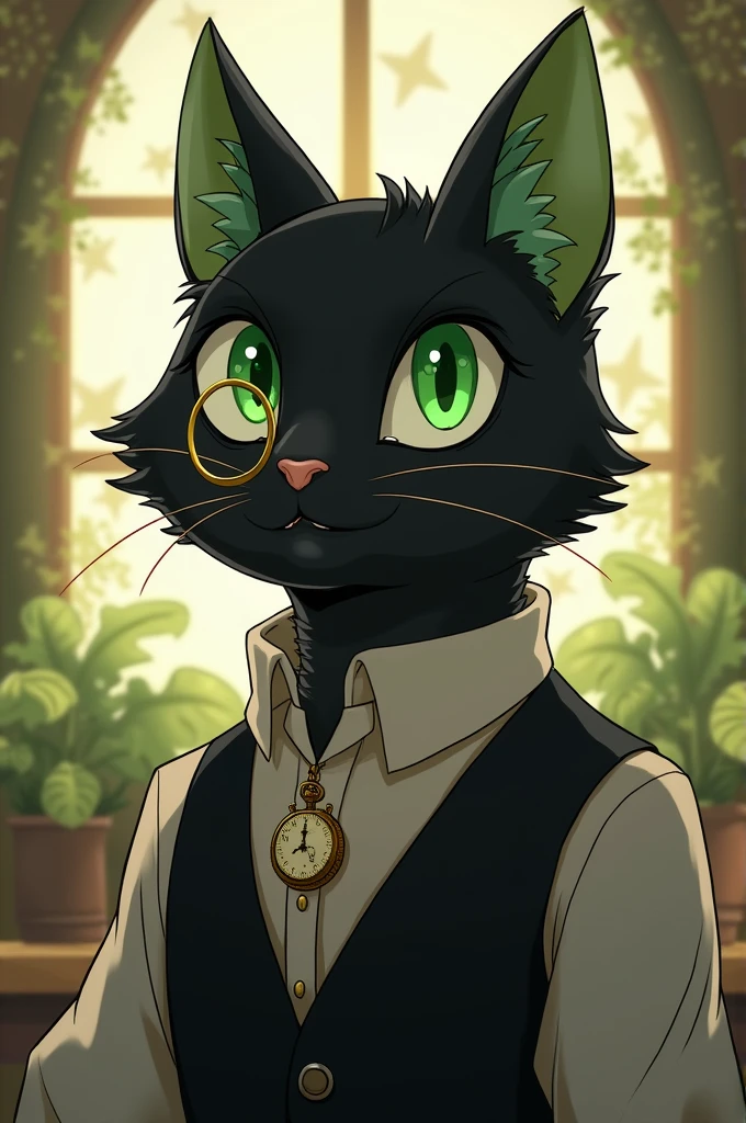 Black cat with green eyes, fading to green on eartips, black hair with green fade, wearing a monocle on the left eye, wearing a classic shirt, wearing a black waistcoast and an old pocket watch with gold pocket chain, furry, furry art, antrophomorphic animal, ghibli studio style, studio ghibli style, hayao miyazaki style, ghibli studio