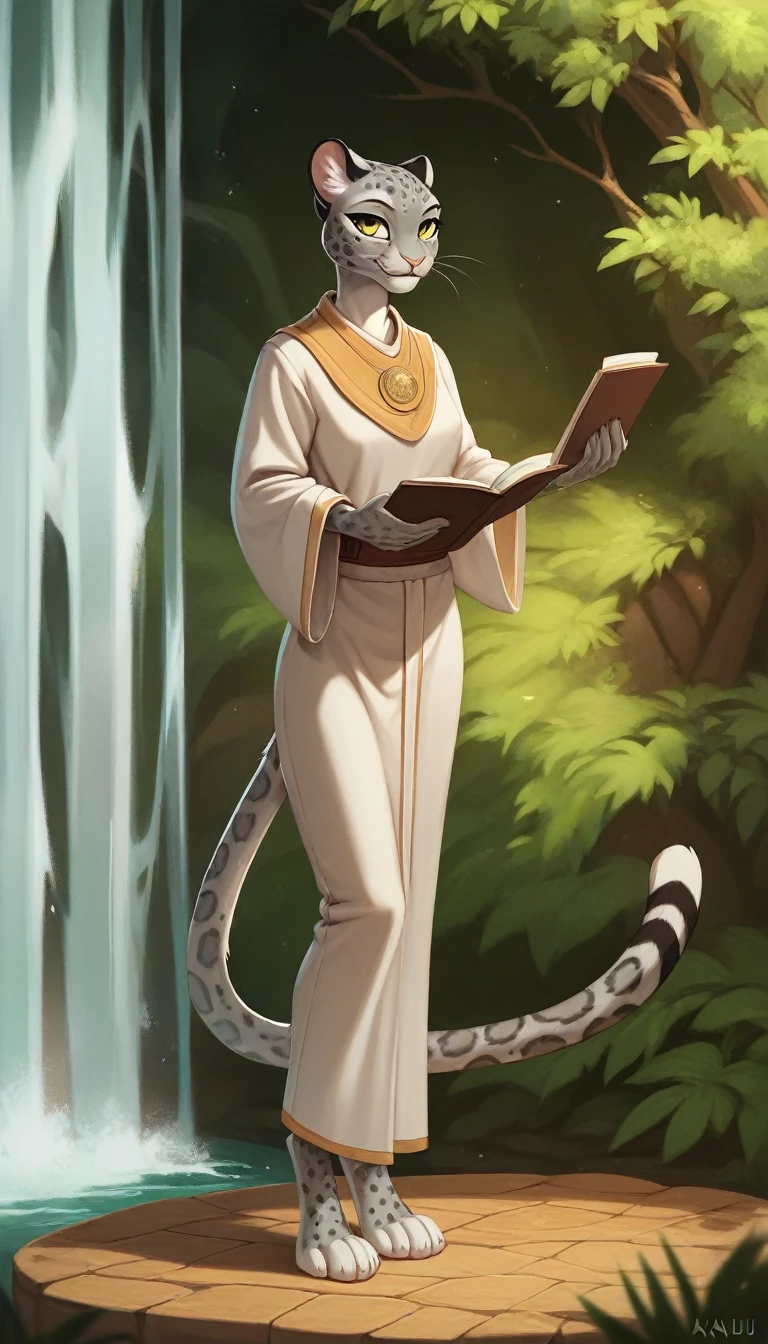 1girl, furry, solo, slim, yellow eyes, short fur, grey fur, grey hair, gray fur, confident, big smile, cleric, simple clothes, teenager, modest, tabaxi, khajiit, 17 year old, grey leopard, spotted grey fur, full-length, round medallion with a picture a waterfall, smile
