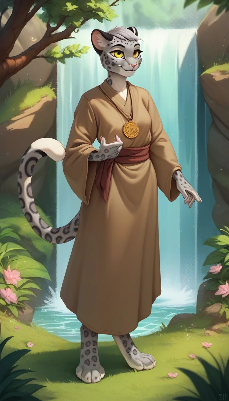 1girl, furry, solo, slim, yellow eyes, short fur, grey fur, grey hair, gray fur, confident, big smile, cleric, simple clothes, teenager, modest, tabaxi, khajiit, 17 year old, grey leopard, spotted grey fur, full-length, round medallion with a picture a waterfall, smile