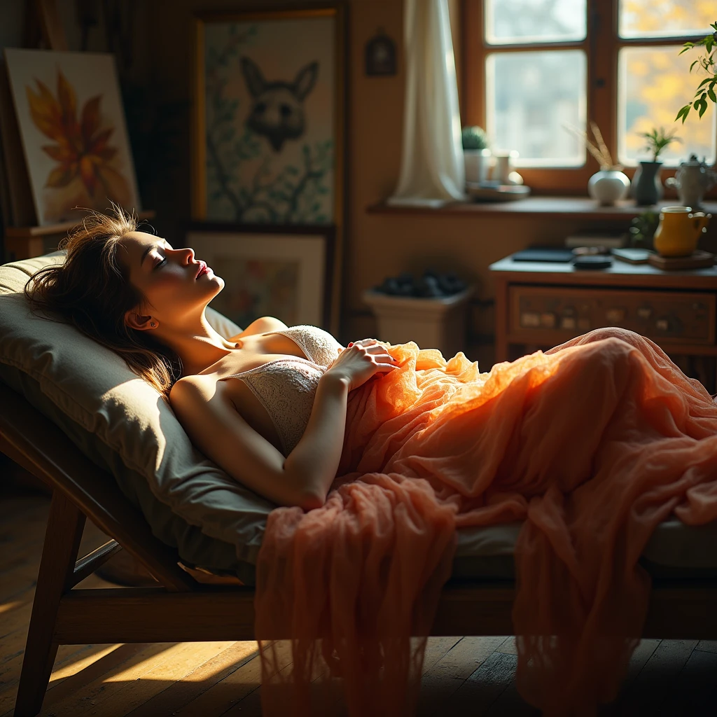woman in art studio, laying on chaise lounge furniture, full body, (high contrast), (deep, darkest shadows),(ultra-realistic female body, realistic skin), ( background: art studio filled with drawing materials, north light, wood floors, charcoal, papers, frames), (she wears modest sheer fabric, layers of colors, covering her, model) , most beautiful woman, (her long hair updo, styled:1.2), she's lit with natural autumn light glow, radiant skin , light long hair, in messy bun, backlit with fall colors,(sun accents her entire body), modestly, charming), a stunning woman, (composed ), (hyper-detailed wood floors, fabrics, drawing tools,texture, (architecture backlit)), (highest quality fabric texture: 1.2), gorgeous art studio, (she's being drawn, arms down, relaxed), she's observed, accent highlights, rich shadows, HD, (ultra-realistic ,soft accent light), (incredible room: painter studio, paint on wood floor, pastel dust, plaster models, artistry, (stunning facial lighting)), (highest quality fabric texture), (High-realism hair and skin), (ultra-realistic eyes: eyelashes, pupils, sparkle), stylish elegance, elegant minimalism , Finely detailed,(Fine-grained), (highest detail skin texture: peach-fuzz earlobe realistic,freckles, blushing) ○○ res – ultra high high resolution , dimly lit, ISO 1200, aperture: f/2.8, high texture, Photo-realistic hands and fingers – (photorealistic beautiful 4k) , 8K,extreme detail, intimate, perfectly framed, skillful composition, a work of art, beautiful composition, solo woman, (highest quality fabric texture), every detail,Fine,soft accent light, gorgeous Rembrandt style lighting, (Rembrandt patch)), (highest quality fabric texture), fabrics, ultra detailed(Ultra-fine ), Photorealistic, Extremely detailed(Extremely detailed) , Finely detailed, (highest detail image, realistic),resolution ultra high res(A high resolution), comfortable and relaxed