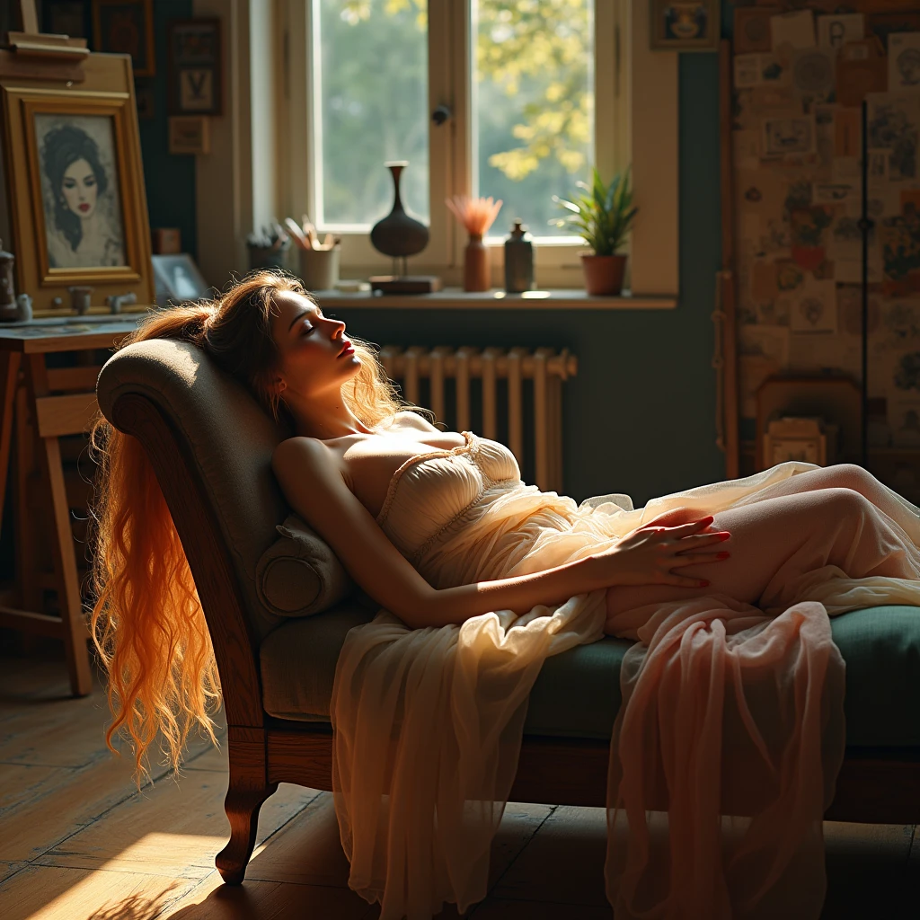 woman in art studio, laying on chaise lounge furniture, full body, (high contrast), (deep, darkest shadows),(ultra-realistic female body, realistic skin), ( background: art studio filled with drawing materials, north light, wood floors, charcoal, papers, frames), (she wears modest sheer fabric, layers of colors, covering her, model) , most beautiful woman, (her long hair updo, styled:1.2), she's lit with natural autumn light glow, radiant skin , light long hair, in messy bun, backlit with fall colors,(sun accents her entire body), modestly, charming), a stunning woman, (composed ), (hyper-detailed wood floors, fabrics, drawing tools,texture, (architecture backlit)), (highest quality fabric texture: 1.2), gorgeous art studio, (she's being drawn, arms down, relaxed), she's observed, accent highlights, rich shadows, HD, (ultra-realistic ,soft accent light), (incredible room: painter studio, paint on wood floor, pastel dust, plaster models, artistry, (stunning facial lighting)), (highest quality fabric texture), (High-realism hair and skin), (ultra-realistic eyes: eyelashes, pupils, sparkle), stylish elegance, elegant minimalism , Finely detailed,(Fine-grained), (highest detail skin texture: peach-fuzz earlobe realistic,freckles, blushing) ○○ res – ultra high high resolution , dimly lit, ISO 1200, aperture: f/2.8, high texture, Photo-realistic hands and fingers – (photorealistic beautiful 4k) , 8K,extreme detail, intimate, perfectly framed, skillful composition, a work of art, beautiful composition, solo woman, (highest quality fabric texture), every detail,Fine,soft accent light, gorgeous Rembrandt style lighting, (Rembrandt patch)), (highest quality fabric texture), fabrics, ultra detailed(Ultra-fine ), Photorealistic, Extremely detailed(Extremely detailed) , Finely detailed, (highest detail image, realistic),resolution ultra high res(A high resolution), comfortable and relaxed