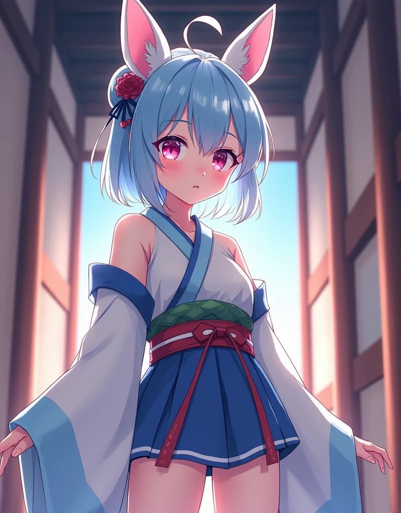((Highest quality)), ((masterpiece)), ((detailed)), (High resolution),(high resolution),((High Quality)),A cute middle school girl、Light blue hair、Ahoge、Pink eyes、((Bouncy huge breasts))、((Perfect sexy body:1.8))、Sexy thighs、Japanese Swordsman Costume、Japanese-style corridor