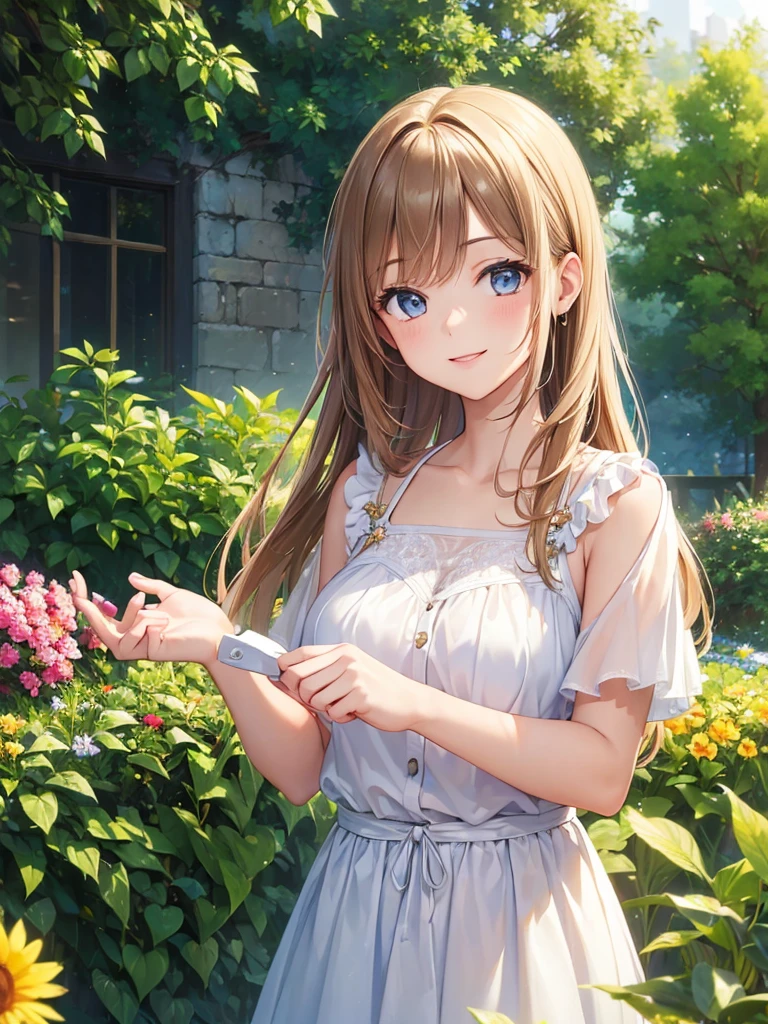 (masterpiece:1.5),(Beat quality),(high res),1girl solo,beautiful face,smile(shining eyes),upper body,light effects,summer clothes women,garden