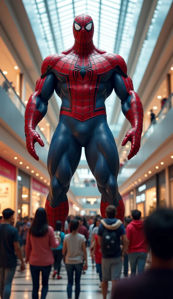 A very big Spider-Man is standing in a shopping mall and many people are crowding around him. People are very small compared to spiderman. Everyone is surprised to see that spiderman's body is very big.