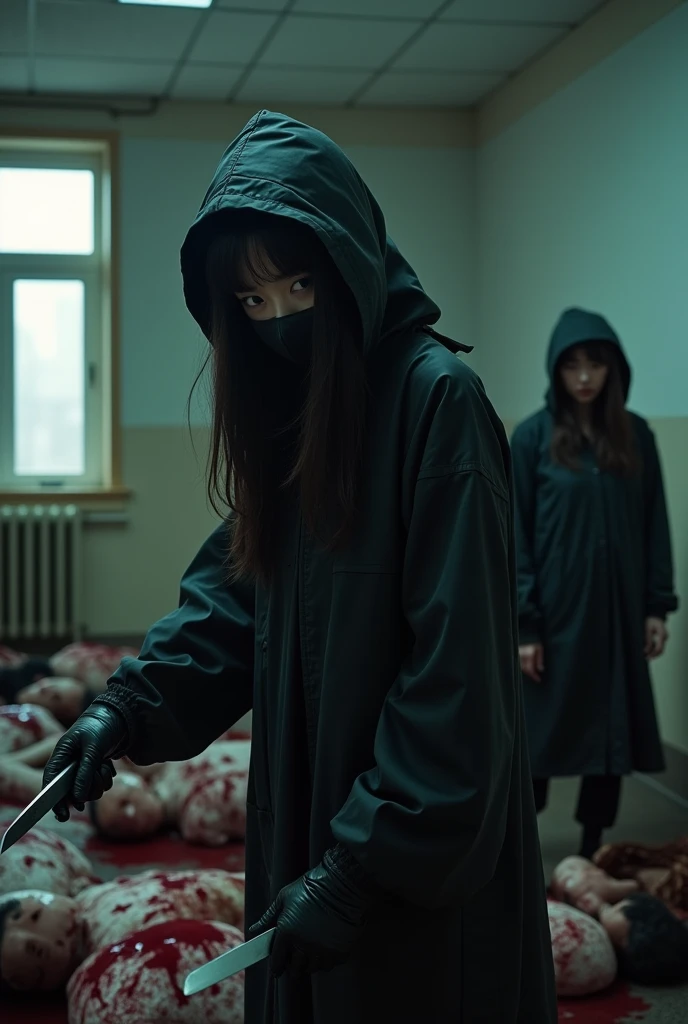 2 korean girls, (behind multiple corpse, holding knife), black surgical mask, black gloves, room full of blood, black raincoat, hood up, holding knife, black gloves, woman on top, behind multiple corpse, blood splatter, mass murderer, killer, long bangs, blood splatter, dark atmosphere, cinematic lighting, atmospheric realistic, light from the window,