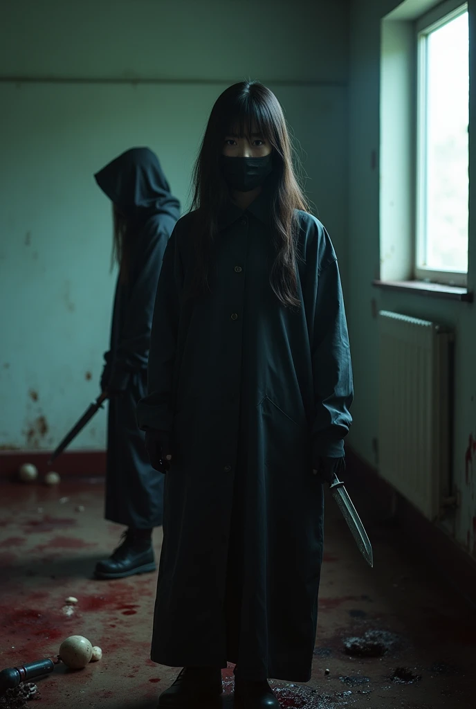 2 korean girls, (behind multiple corpse, holding knife), black surgical mask, black gloves, room full of blood, black raincoat, hood up, holding knife, black gloves, woman on top, behind multiple corpse, blood splatter, mass murderer, killer, long bangs, blood splatter, dark atmosphere, cinematic lighting, atmospheric realistic, light from the window,