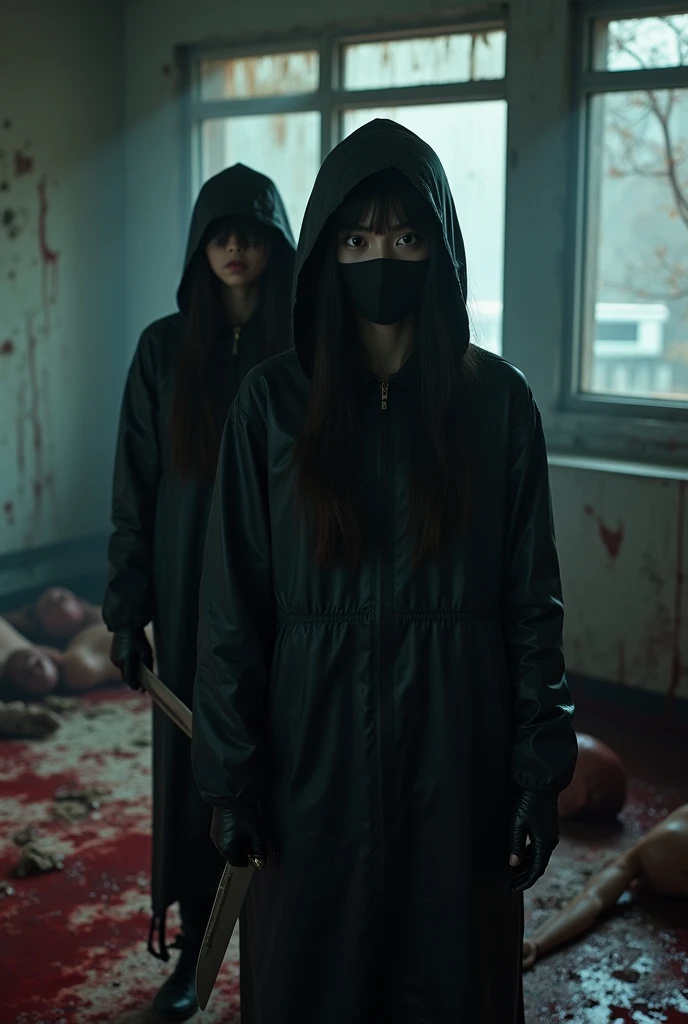 2 korean girls, (behind multiple corpse, holding knife), black surgical mask, black gloves, room full of blood, black raincoat, hood up, holding knife, black gloves, woman on top, behind multiple corpse, blood splatter, mass murderer, killer, long bangs, blood splatter, dark atmosphere, cinematic lighting, atmospheric realistic, light from the window,