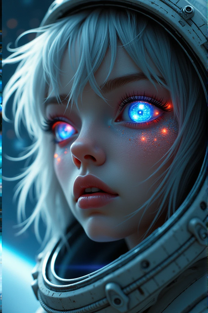 (Close-up of a better masterpiece:1.5)0.9], (Space and astronauts:1.2) (Messy silver hair:1.1) (Heterochromia xanthochromia and blue eyes:1.2) (Space Helmet:1.0) (Colored stars in the eyes:1.0) (A radiant glow:1.1) (thick lips:0.9)
