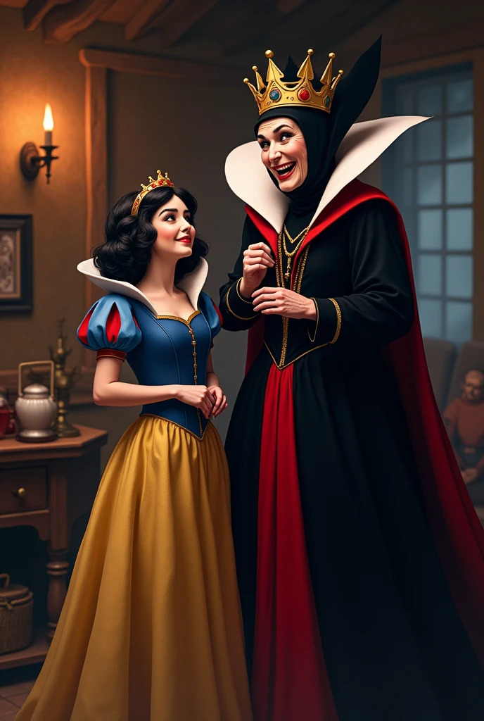 Snow White and the Wicked Stepmother enjoying the Seven Dwarfs' Cottage smiling at the announcement of the murder of the Seven Dwarfs