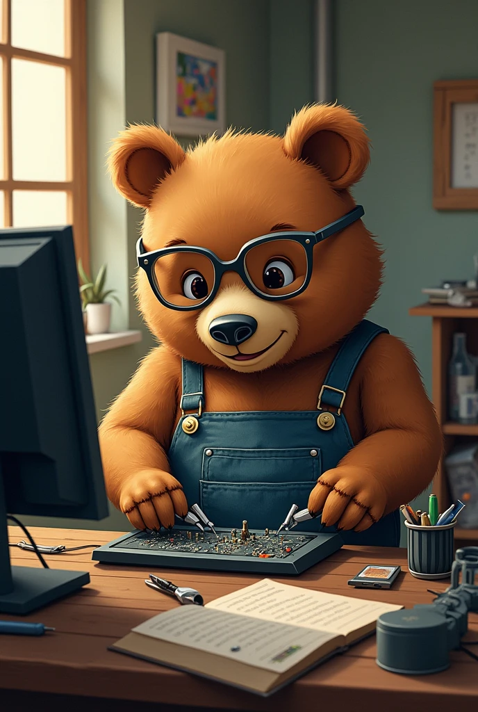 Brown bear wearing overalls, glasses, holding tools, sitting and repairing a computer