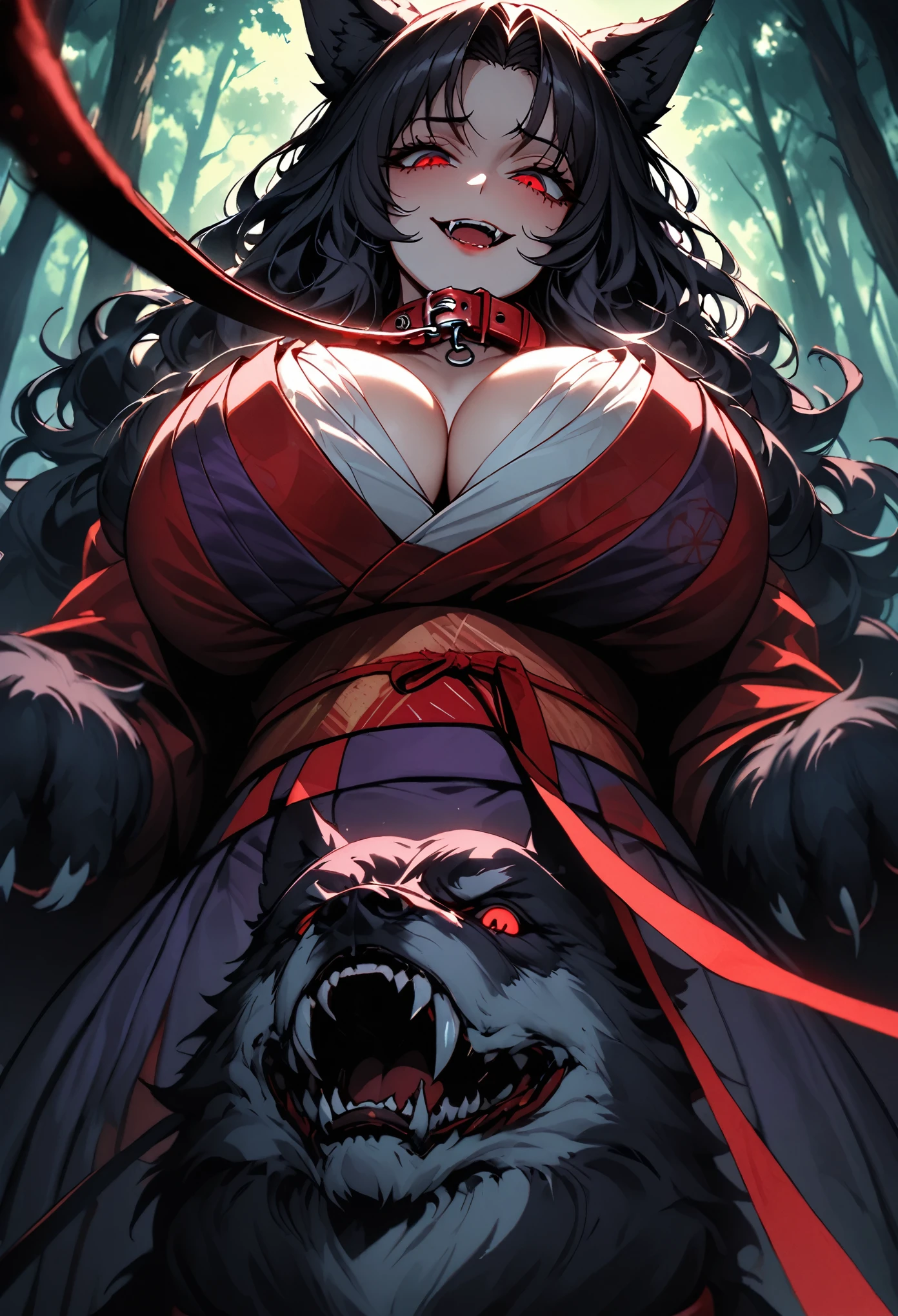 solo, female, long messy black hair, wavy hair, red eyes, black wolf ears, black wolf tail, extremely tall woman, large breasts, dog collar and leash, broad shoulders, furry claws, furry forearms, kimono, forest, close up, red mascara, cleavage, pet play, yandere, smile, huge woman, holding leash, dominant, wolf girl, from below, fangs, threatening, strong, looking at viewer