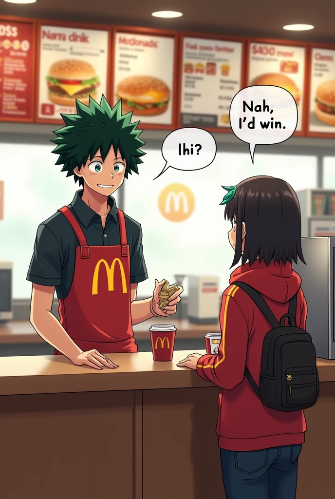 "A scene inside a McDonald's service location. The atmosphere is typical of a chain store., with service counters, order menu and characteristic decoration. Behind the counter, izuku midoriya (grown-up) kind of like your sad boy version (not Dark) , the character from the anime 'Boku no Hero Academia', is dressed in the McDonald's uniform, smiling and holding an order. He is speaking with a speech bubble that contains the phrase 'Nah, I'd win'. The style of the image is supposed to blend the design of a real fast-food environment with Midoriya's characteristic anime style.."
And put uraraka as a client (character from the anime Boku no hero)
