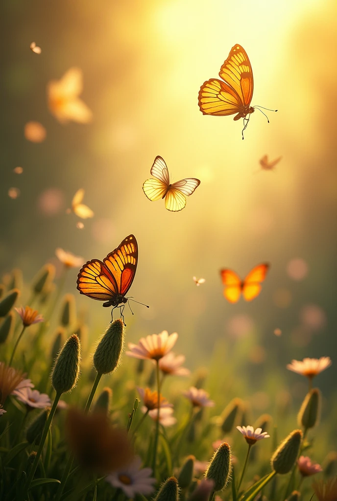butterflies emerging from the cocoon and flying to the sunny sky in a dreamlike setting
