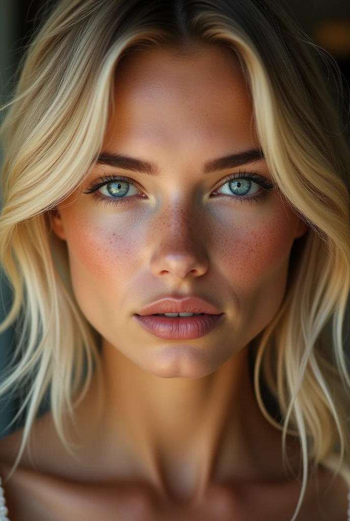 Real sexy person with blond hair, blue eyes, thin face and light freckles