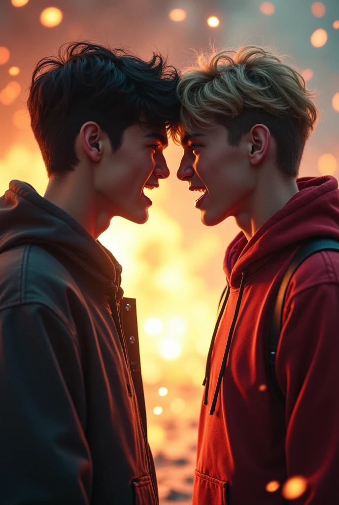 "A tense confrontation in the middle of a chaotic battle, with two teenage brothers facing each other. The villain, with a twisted expression, reveals his deeper motives to the shocked hero. The background is filled with flashing lights and explosions, emphasizing the high stakes and emotional intensity of the scene."