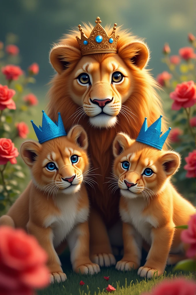 Lioness with crown and two cubs with a blue crown each, in a rose garden