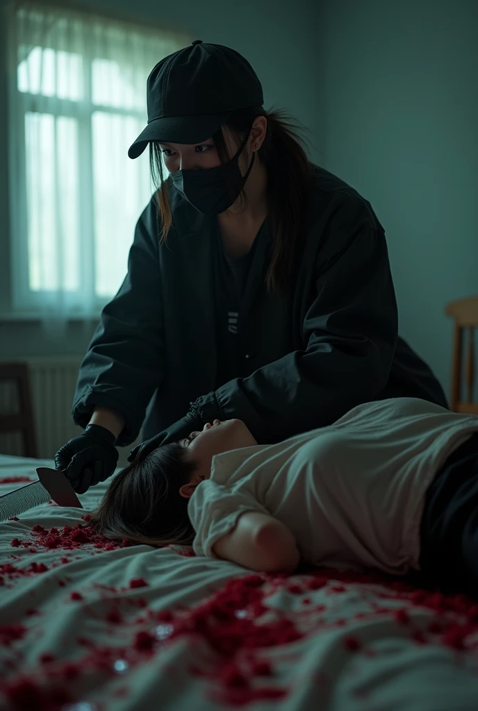 korean girl, (behind corpse, holding knife), black surgical mask, black gloves, room full of blood, black raincoat, trucker hat, holding knife, black gloves, woman on top, behind corpse, blood splatter, on the bed, mass murderer, killer, low ponytail, blood splatter, dark atmosphere, cinematic lighting, atmospheric realistic, light from the window, close-up,
