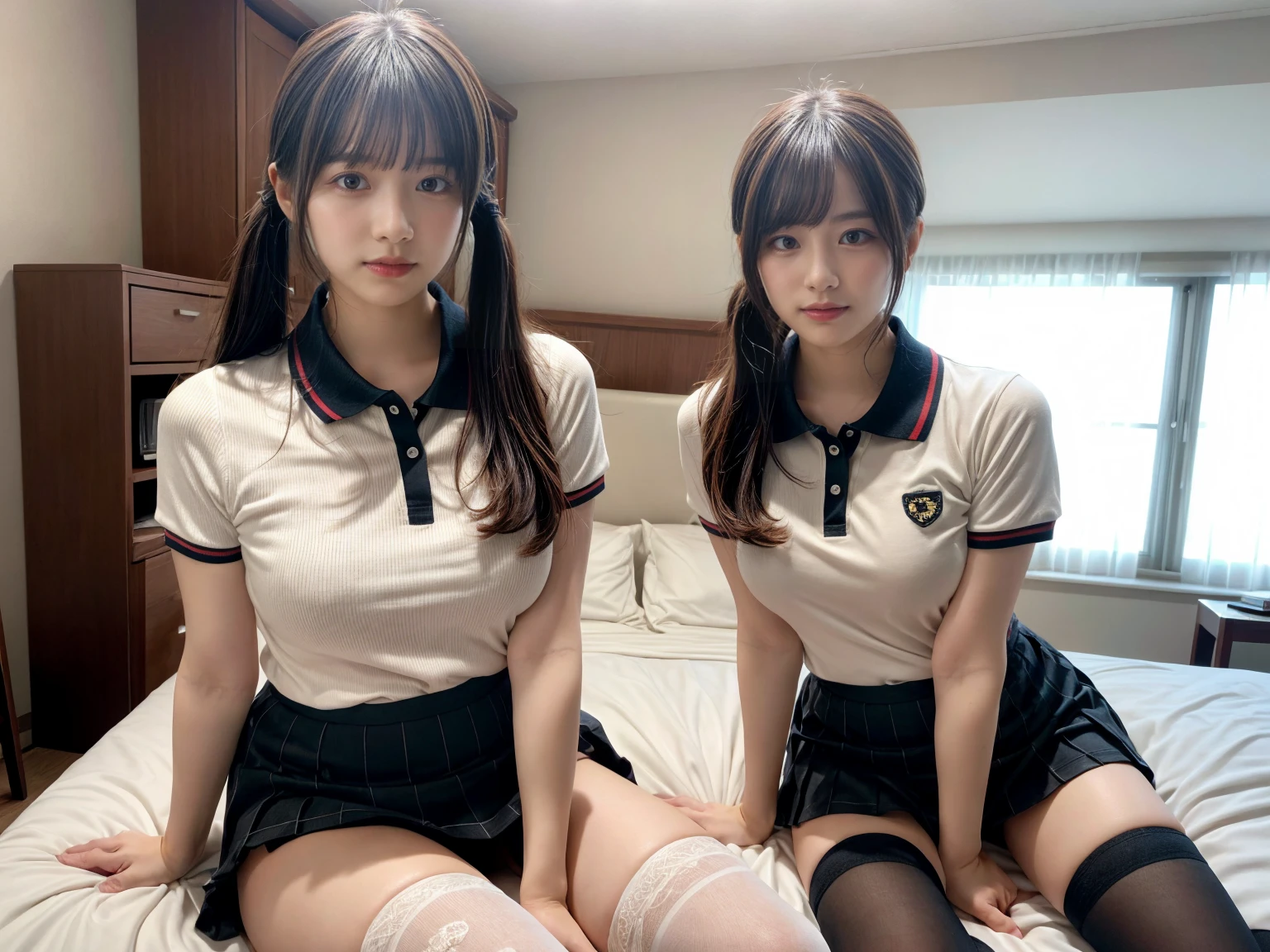 masterpiece, best quality, illustration, Super detailed, fine details, High resolution, 8K,wall paper, perfect dynamic composition,(Details High quality, realistic depiction of eyes:1.3), (2 girls), (collared polo shirt), pleated skirt, knee high socks, twin tails, sitting, open legs, in a hotel room in the background, deep on field, large breasts, black hair color, Big Natural Color Lip, (perfect body shape), crying a little、Harajuku style、20 year old girl、cute type、beautiful legs, Gravure Idol