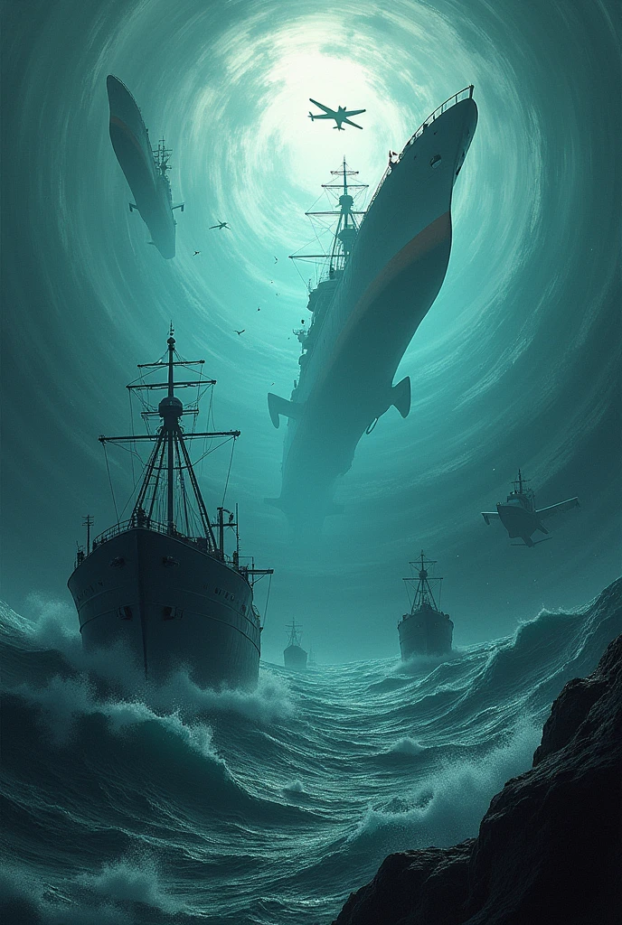 Realistic image of ships and planes being sucked into the Bermuda Triangle. they must be being sucked into the sea floor