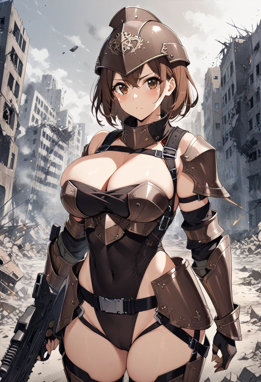 1girl, brown hair, brown eyes military armour and military helmet, guns with straps, gray background dust and broken city, big boobs,
