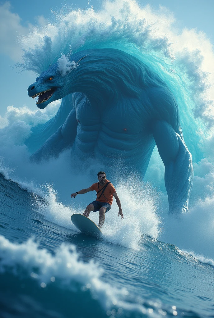 a giant blue one with a character wearing glasses surfing