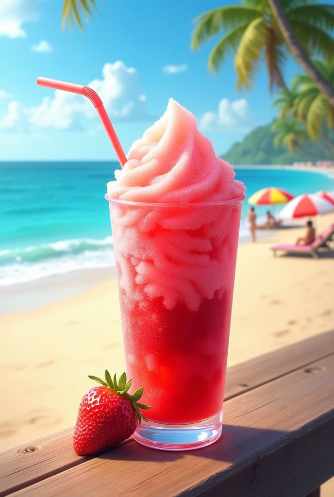 a strawberry-flavored shaved ice, on the beach on a sunny day