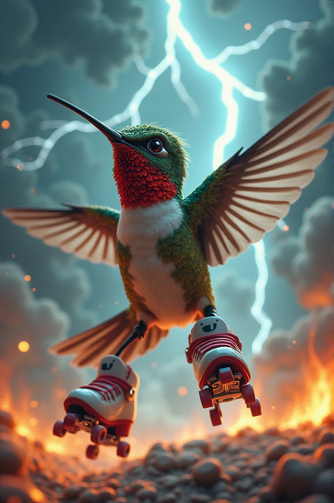 Angry hummingbird on roller skates with fire and thunder in the background