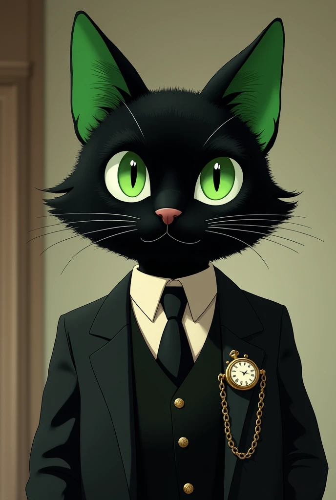 Black cat with green eyes, fading to green on eartips, black hair with green fade, wearing a monocle on the left eye, wearing a classic shirt, wearing a black waistcoast and an old pocket watch with gold pocket chain, furry, furry art, antrophomorphic animal, ghibli studio style, studio ghibli style, hayao miyazaki style, ghibli studio
