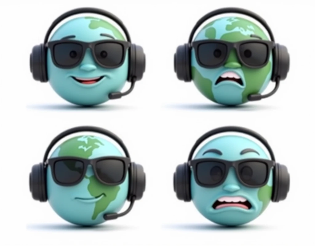 Create an avatar of the Earth in a 3D animation style, with a black headset and dark sunglasses. The Earth should have a face that expresses four different emotions across four images, and the background for each image should be white:
Happy: The Earth should be smiling, with a cheerful expression. The eyes (behind the sunglasses) should be slightly raised to convey happiness.
Angry: The Earth should have a furrowed brow, with a scowl or frown. The sunglasses can tilt slightly downward to show a more intense gaze.
Surprised: The Earth should look wide-eyed (behind the sunglasses) with a slightly open mouth as if gasping. The sunglasses can be slightly askew to emphasize surprise.
Sad: The Earth should have a downturned mouth with a tear coming from under the sunglasses, showing a sorrowful expression.
Each image should maintain the black headset and dark sunglasses as constant features, and the white background should provide a clean, simple contrast to the animated 3D Earth.