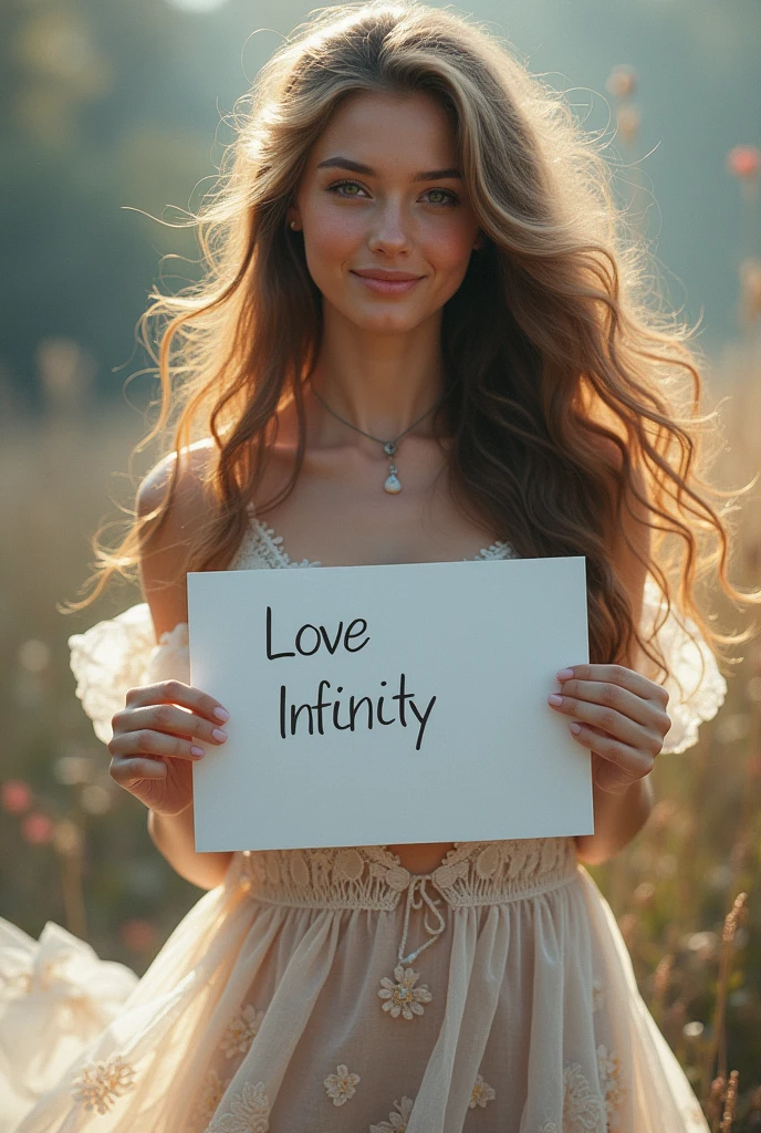 Beautiful girl with wavy long hair, bohemian dress, holding a white board with text "I Love Seaart Infinity" and showing it to the viewer