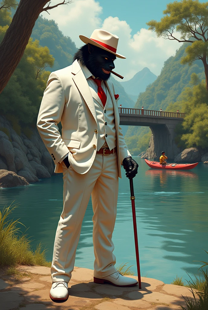 northeast backlands brazil brazil riverside, bridge, caiaque esportivo ao fundo
Zé Pilintra chic um ancestral blacksad, represented as a Brazilian man, blacksad, Cao Cao, brawny, seducer, black fur, smiling person who likes to samba and flirt, rogue and bohemian. Vestido chic com um chapéu branco, smoking cigar with head down, white suit, white shirt and red tie aligned, chic, white dress shoes and holding a cane, with a mysterious air umbanda candomblé