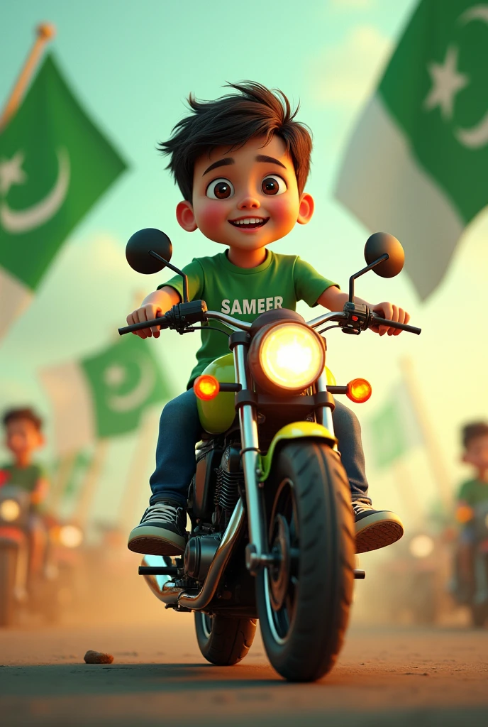 35mm film photography, Create a 3D illustration of an animated boy character sitting on a motorcycle matching the color and design of Pakistan Independence Day and wearing a green shirt with name SAMEER
The character must wear casual modern clothing such as jeans and sneakers shoes. The background of the image is a independence day of Pakistan, high detail, Pakistan flags in background, gold glow bright green color palette, light green hour glow