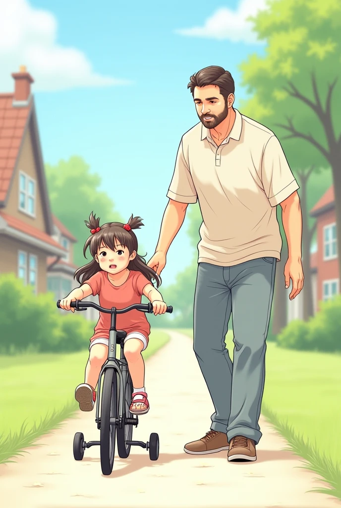 Generate a sketch in which father teaching his daughter to ride bicycle and daughter Dont know that her father not holding her bicycle
