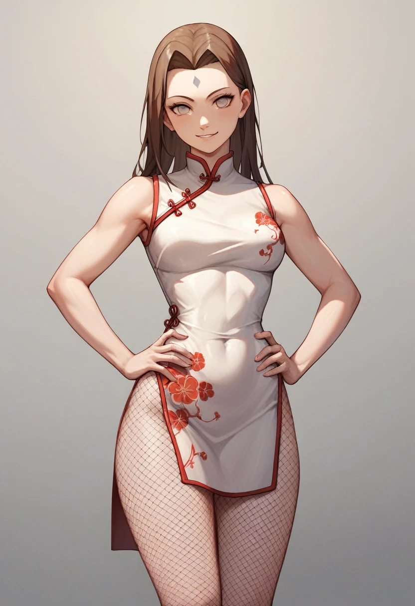 (Masterpiece, best quality: 1.2) , shot, solo, 1girl, tenten, smile, looking at viewer, hands on hips, open brown hair, forehead protector, chinese clothing, white china dress, sleeveless, fishnets, fishnet thigh highs, anime, naruto