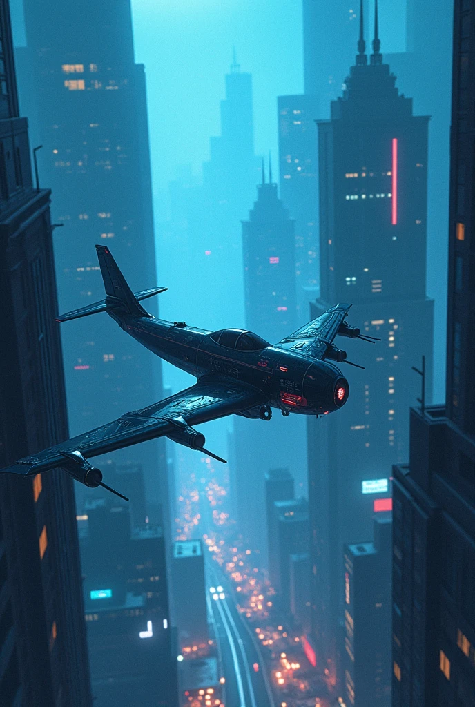 Cyberpunk World,There is a plane in the sky,Intense light and shadow,The lighting is cool,Hand-drawn,Dreams are magical