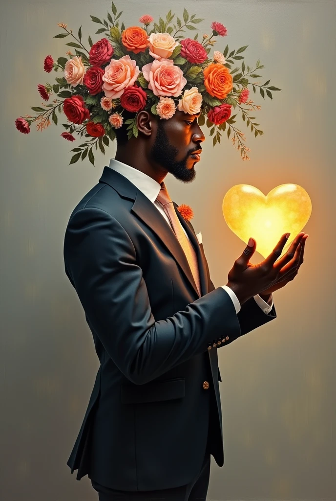 Image of oil painting a black man wearing an expensive suit without a face but replaced with flowers and holding a glowing heart shaped like love on his hand he should be facing the right hand side