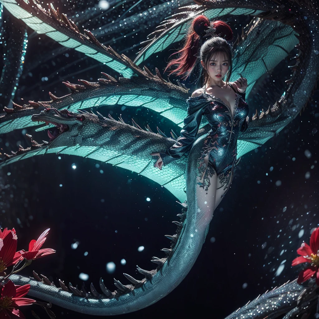 Generate an aerial angle birds eye view image of a beautiful humanoid dragon girl , face of beautiful human detailed scale photo realistic with menacing wings, color red and silver unreal engine standing , getting out from the swamp with floating algae , dynamic pose with a background full of large vines dramatic angle view high coloration 4k resolution but