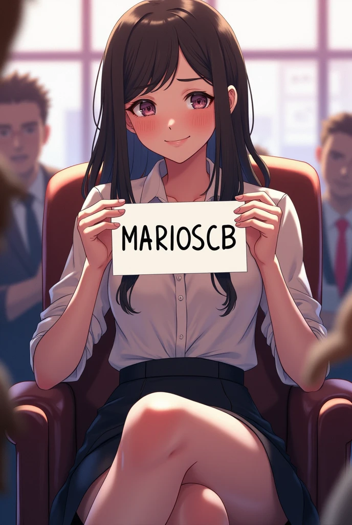 (photorealism:1.2) Sandykuroneko doing a fansign. He holds a paper that says "MARIOSCB" while posing smiling, sitting on a chair with her legs crossed.