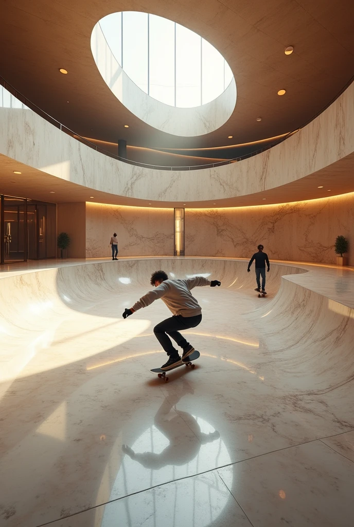 Imagine a detailed hyperrealistic indoor skatepark, luxury
