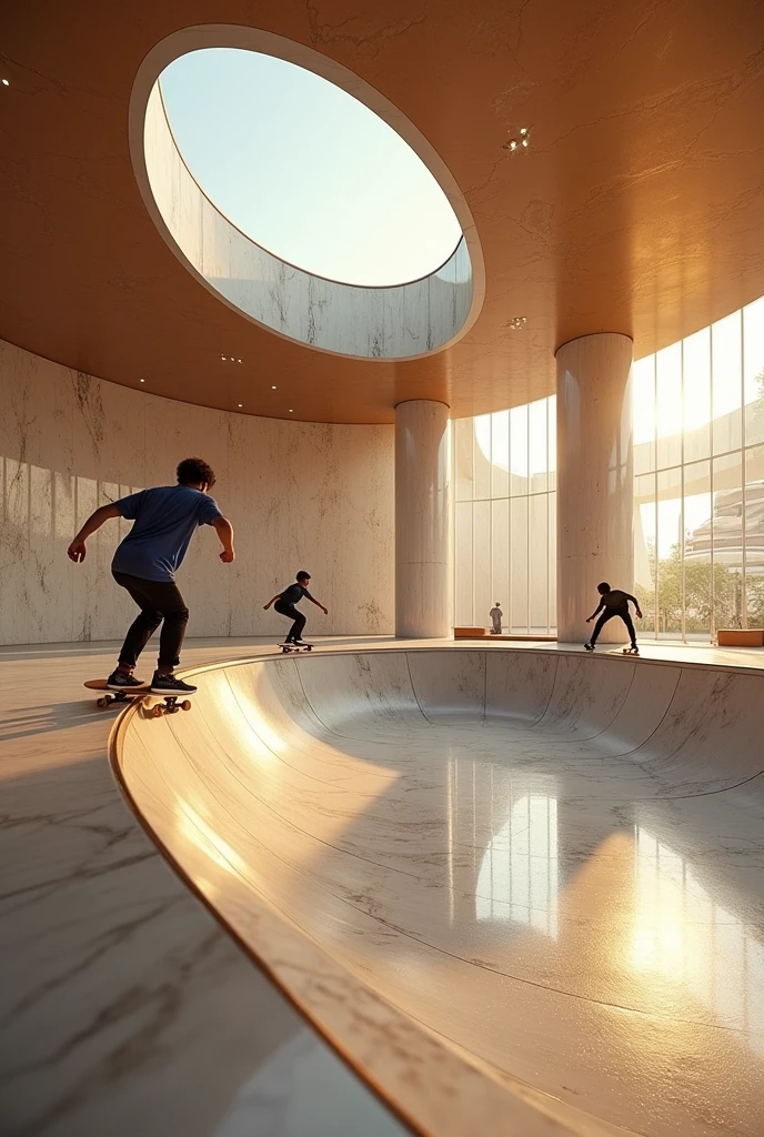 Imagine a detailed hyperrealistic indoor skatepark, luxury