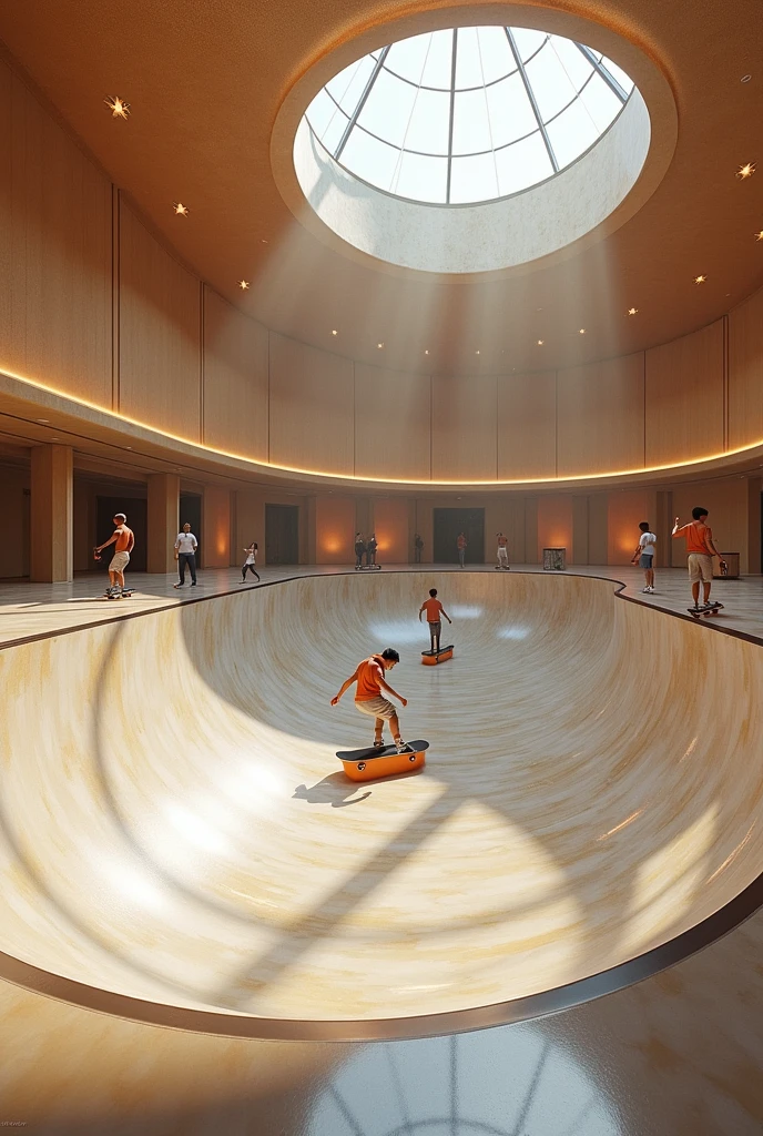 Imagine a detailed hyperrealistic indoor skatepark, luxury