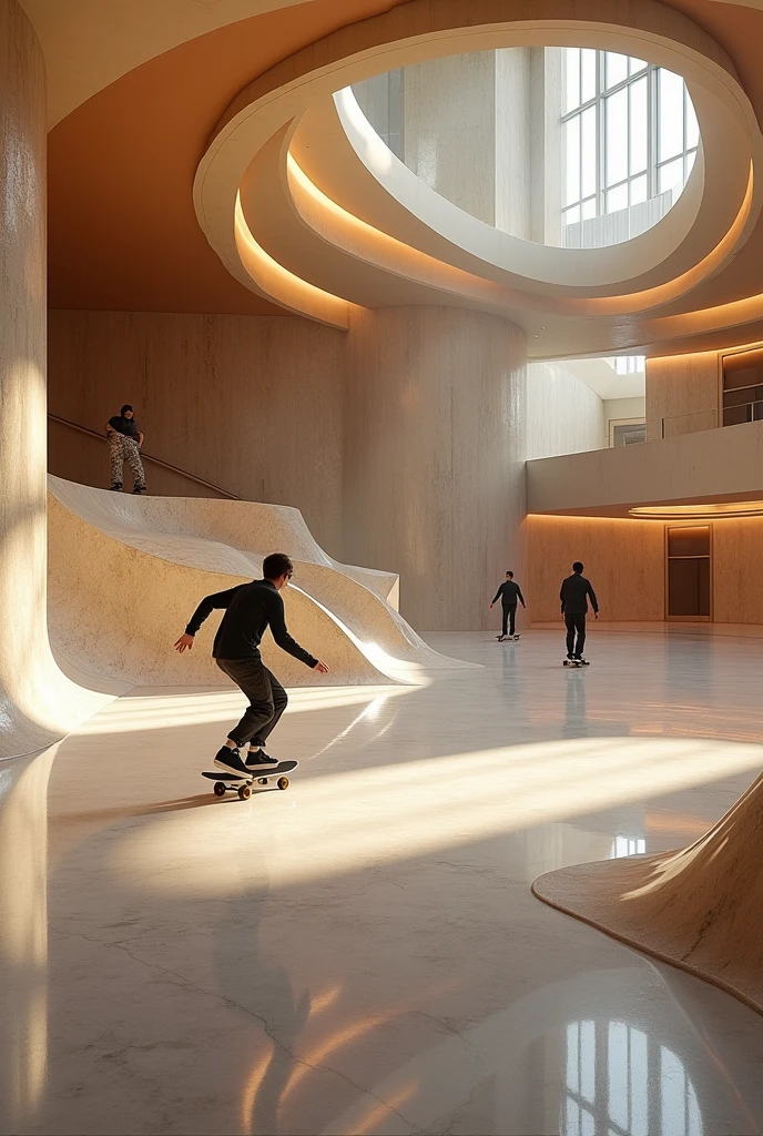 Imagine a detailed hyperrealistic indoor skatepark, luxury 