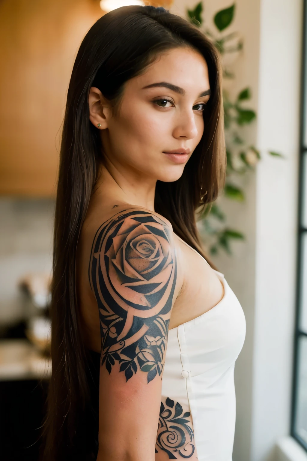 ((Meilleure qualité)), ((chef-d'œuvre)), (détaillé), photorealistic portrait of a young Caucasian woman with a sun-kissed tan. She has long, straight brown hair that falls past her shoulders. Her face is slender with delicate features, including thin, well-groomed eyebrows and a small, feminine chin. Her eyes are striking emerald green, bright and expressive. Her nose is perfectly shaped, neither too big nor too small. She has full, luscious lips that form a natural, soft smile.
The woman's skin has a warm, golden glow from sun exposure, enhancing her natural beauty. Her long hair is styled in a sleek, straight manner, framing her face elegantly.
On her left arm, there's a detailed, colorful tattoo of a rose in full bloom, with intricate petals and leaves. The right arm features an abstract geometric tattoo with various shapes and lines intertwining in an artistic pattern.
The portrait should be a close-up shot, focusing on her face and upper body to clearly show her features and both arm tattoos. The lighting should be soft and flattering, emphasizing her radiant skin and the sparkle in her green eyes.