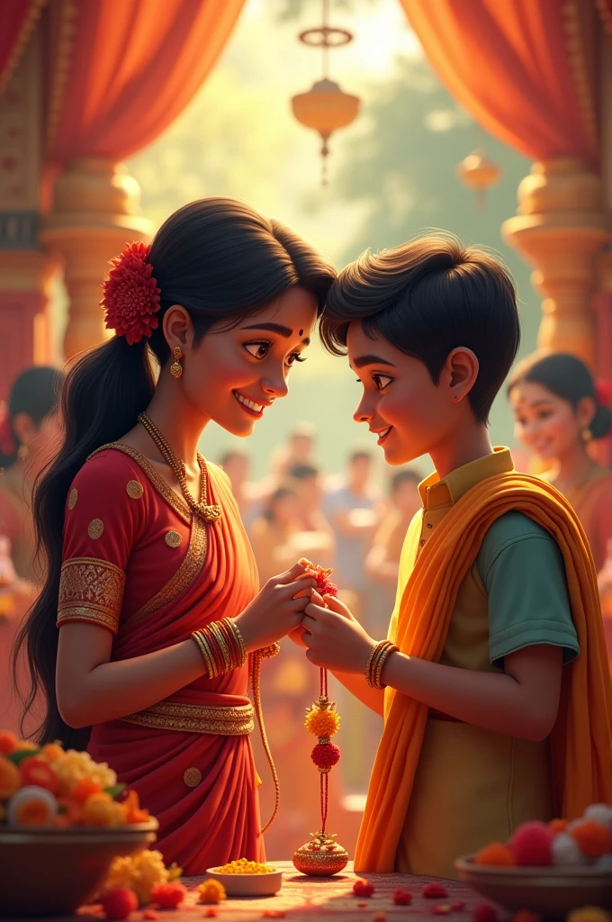 Sister and brother, rakshabandhan day, beautiful sister, handsome brother, detailed background, indian faces,sarounded celebrating, rakshabandhan