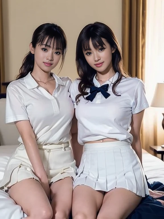 (high quality)、(high resolution)、Two  high school students、Looking at me with a smile、whole body、Big Breasts、See-through sleeveless shirt with buttons and collar、Tight mini skirt、Erect nipples、I can see your belly、Lie on your back on the bed